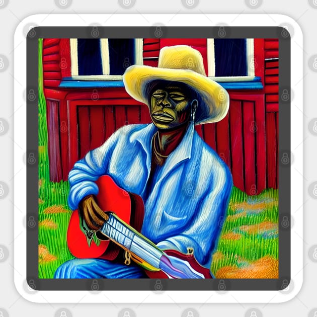 An artistic impression of a blues musician from the Mississippi delta playing guitar. Sticker by Musical Art By Andrew